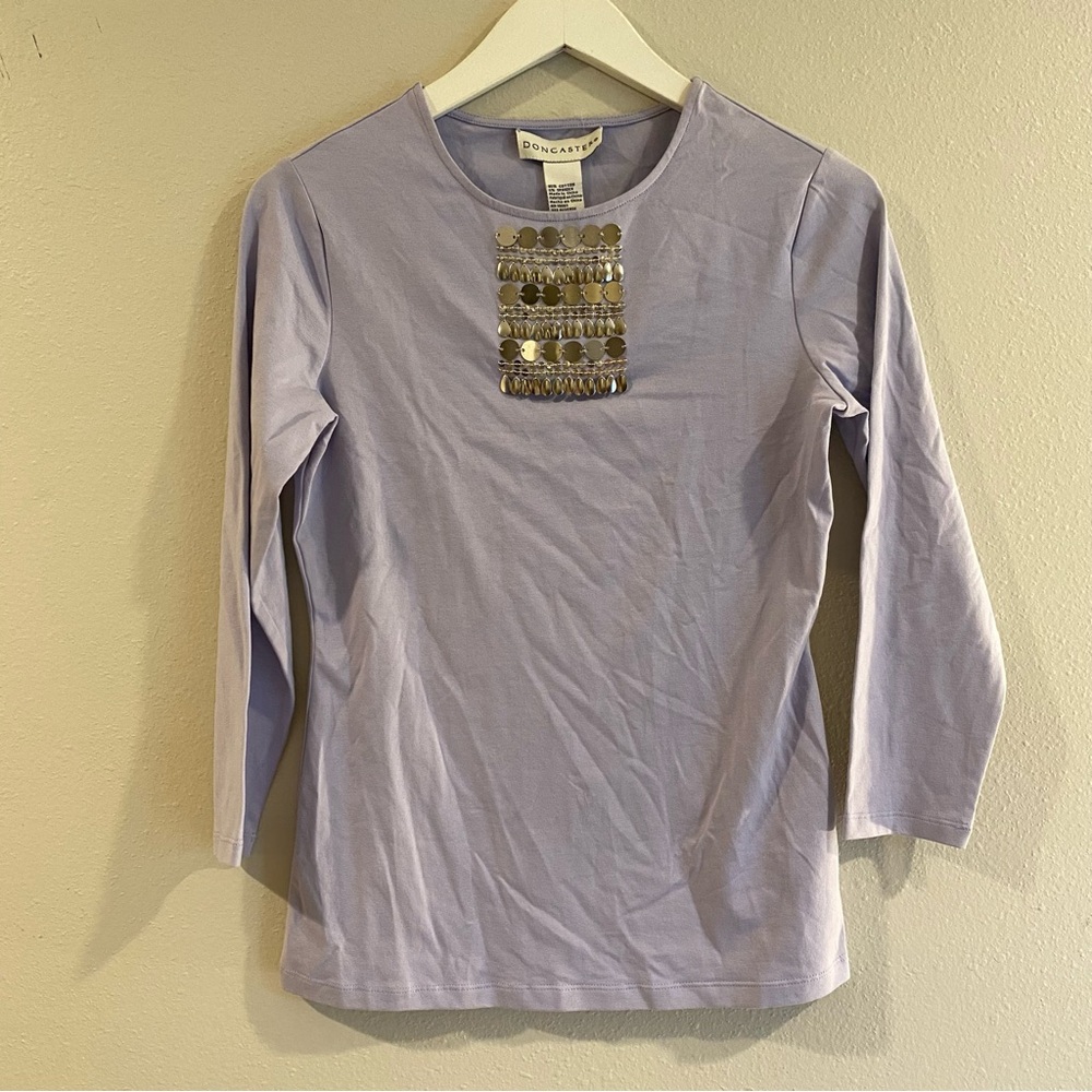 Doncaster Lavender Blouse Size XS Sequin Bib Cotton Quiet Luxury Embellished